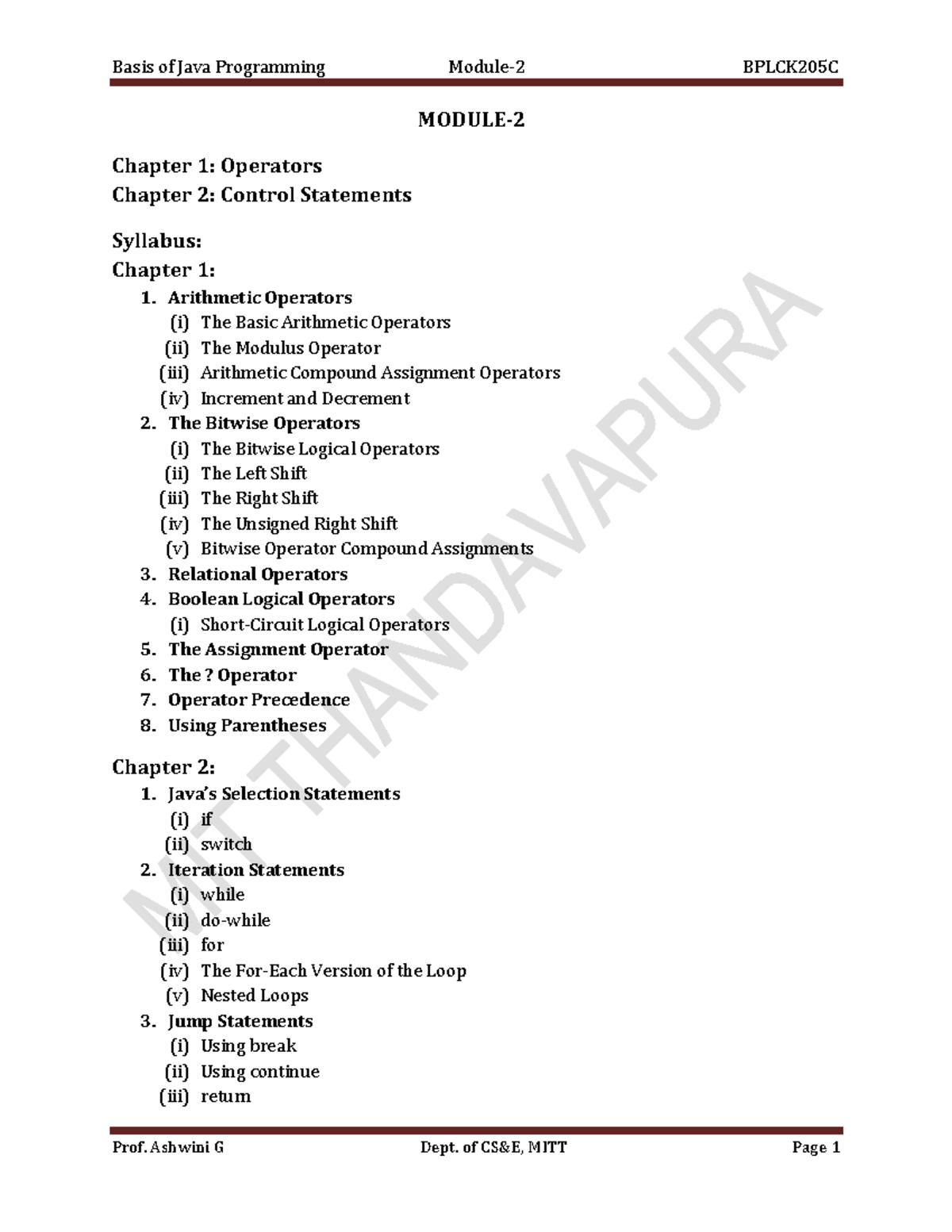 JAVA Module 2 Bplck 205C - MODULE- Chapter 1: Operators Chapter 2 ...