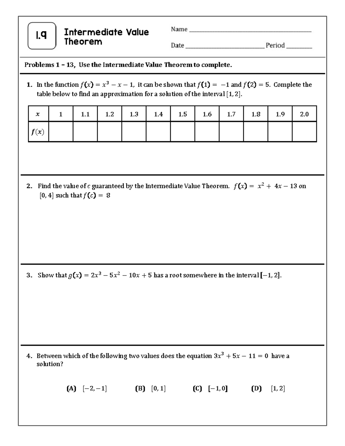 HW 1.9 - Problems on the Intermediate Value Theorem - Studocu