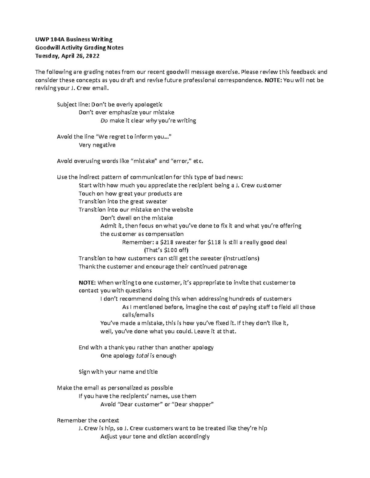 UWP 104A Business Writing: J. Crew Goodwill Activity Grading Notes ...