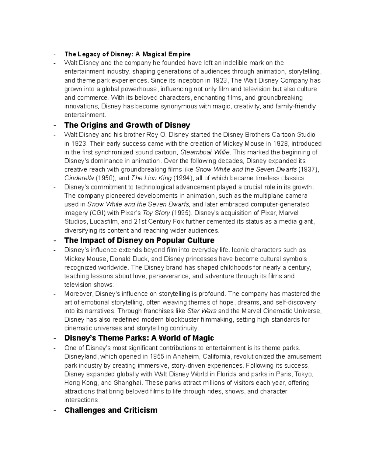 The Legacy of Disney A Magical Empire - Since its inception in 1923 ...