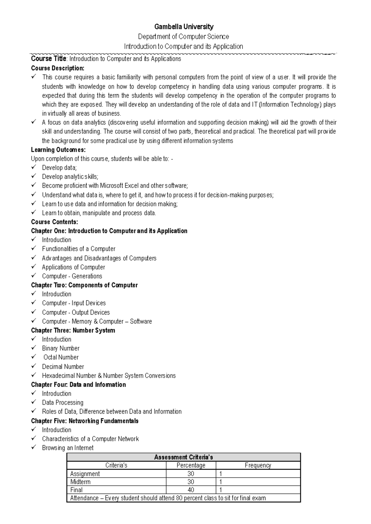Introduction to Computer and its Applications (CS101) Course Outline ...