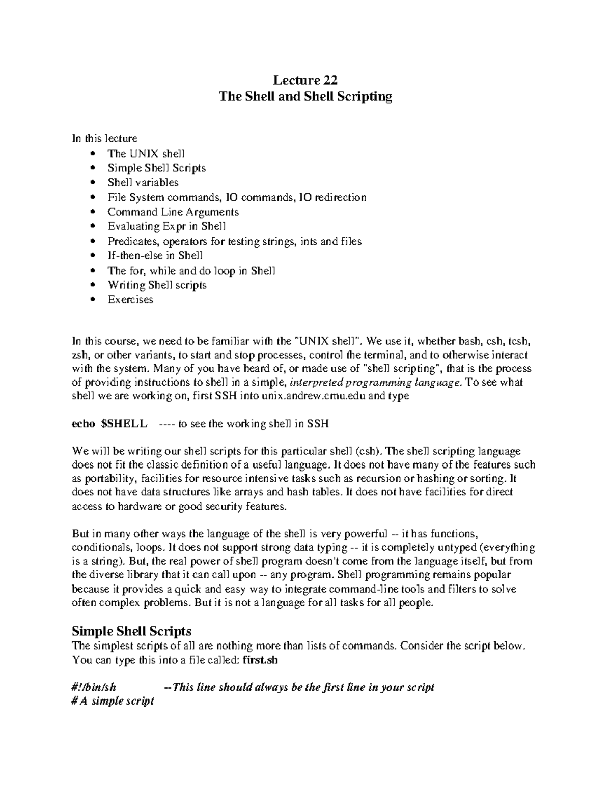 Lecture 22: The Shell and Shell Scripting Overview - Studocu