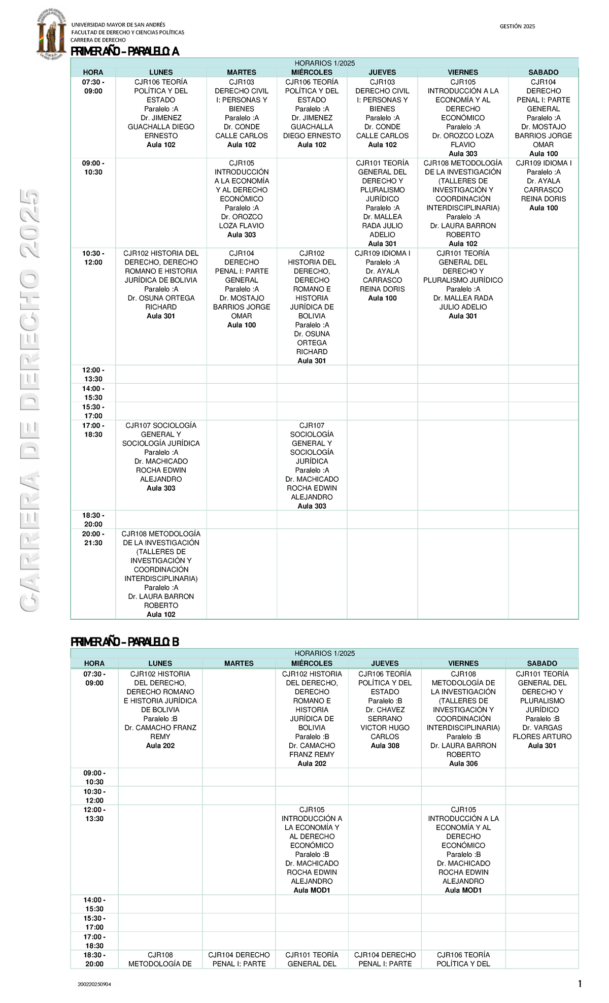 Horarios de Clases - Carrera de Derecho - Gestión 2025 - Studocu