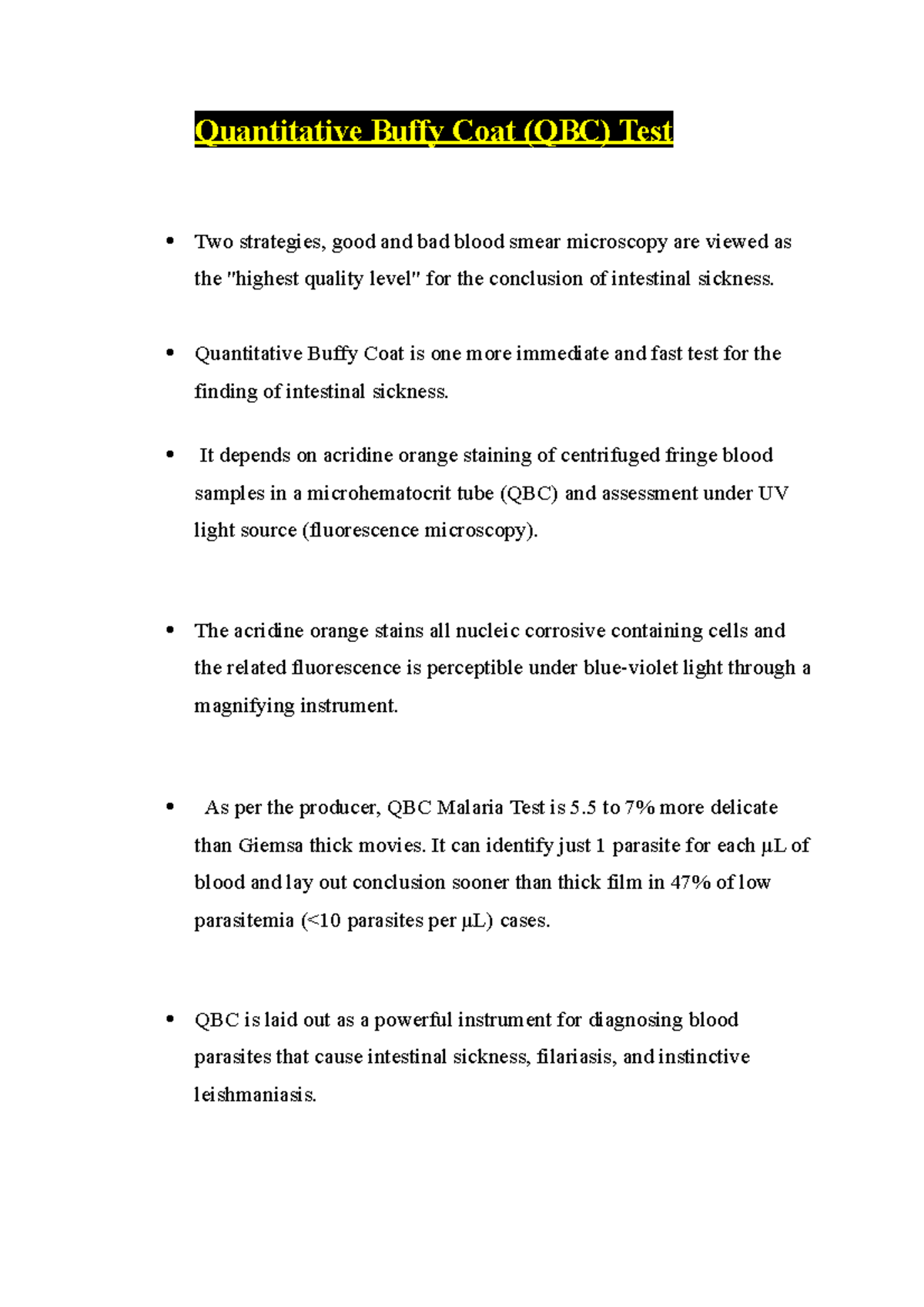 QBC Test for Malaria Diagnosis: Principles and Analysis - Studocu