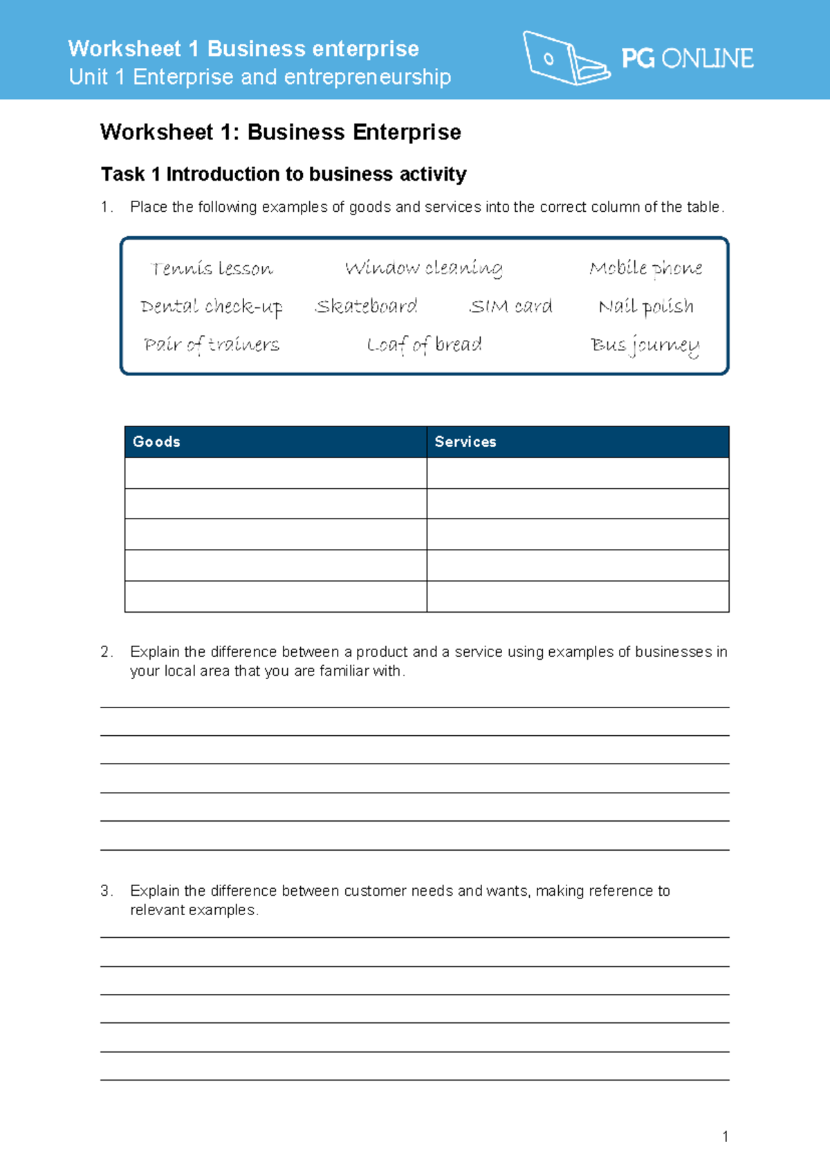 1BS0 Unit 1 Worksheet 1: Exploring Business Enterprise Concepts - Studocu