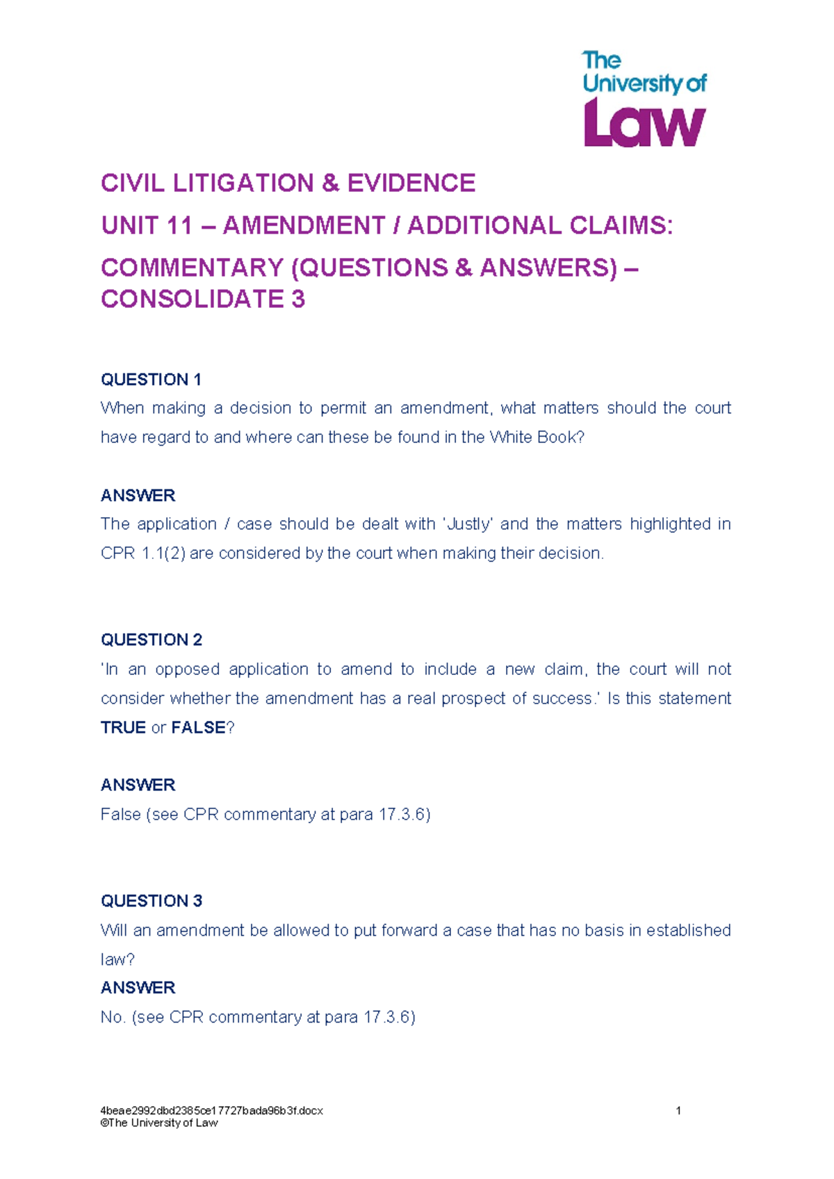 CIVIL LITIGATION EVIDENCE UNIT 11: AMENDMENTS & ADDITIONAL CLAIMS Q&A ...