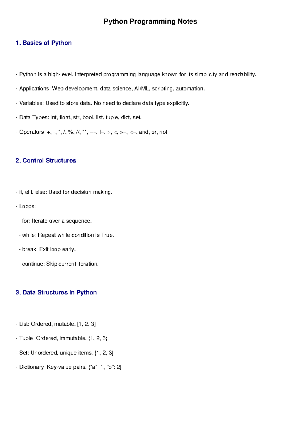 Python Programming Notes 1: Basics, Control Structures & OOP - Studocu