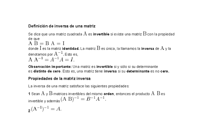 Definición y Propiedades de la Inversa de una Matriz - Studocu