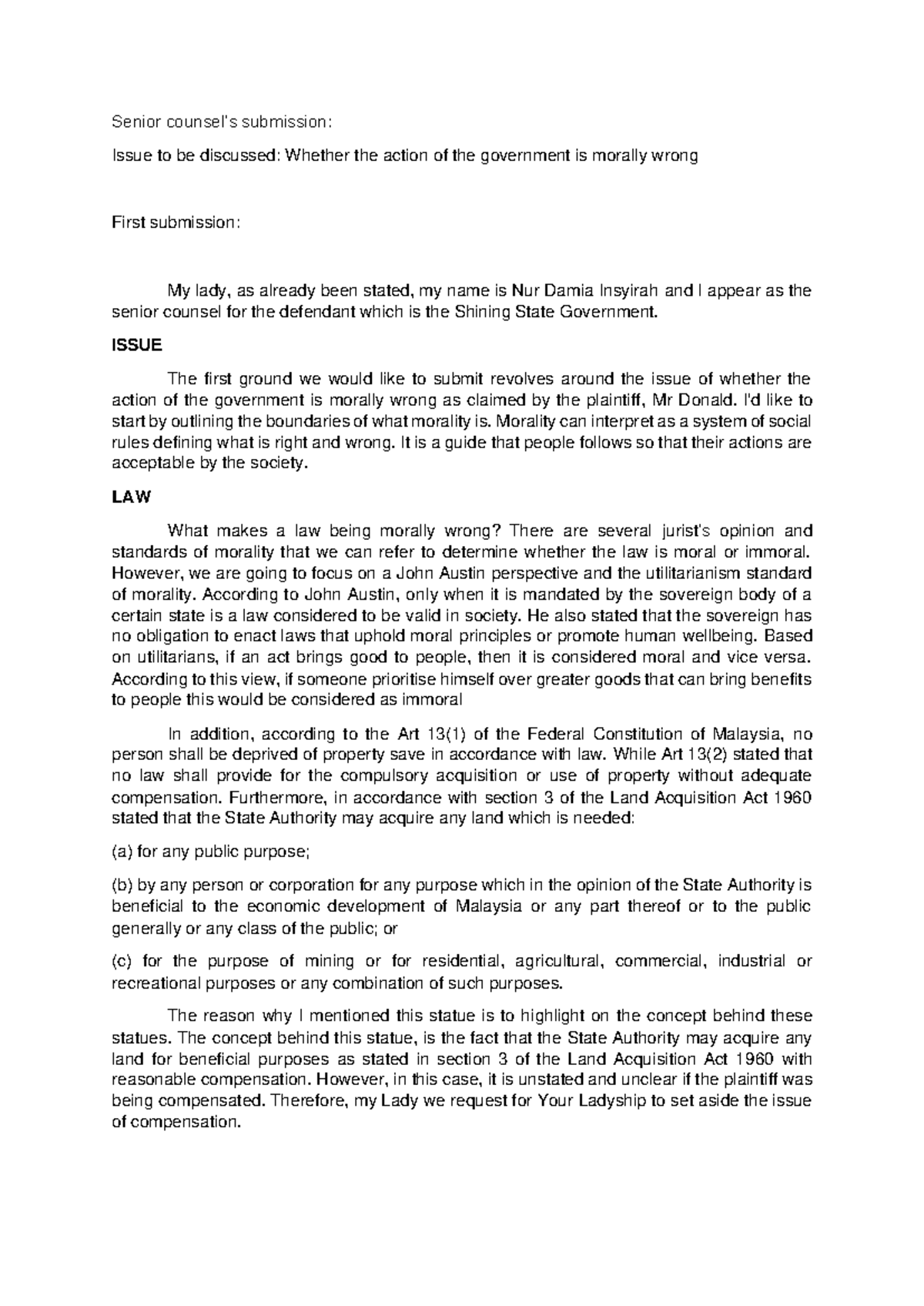 LAW034 Mooting Script - LAW - Senior counsel’s submission: Issue to be ...