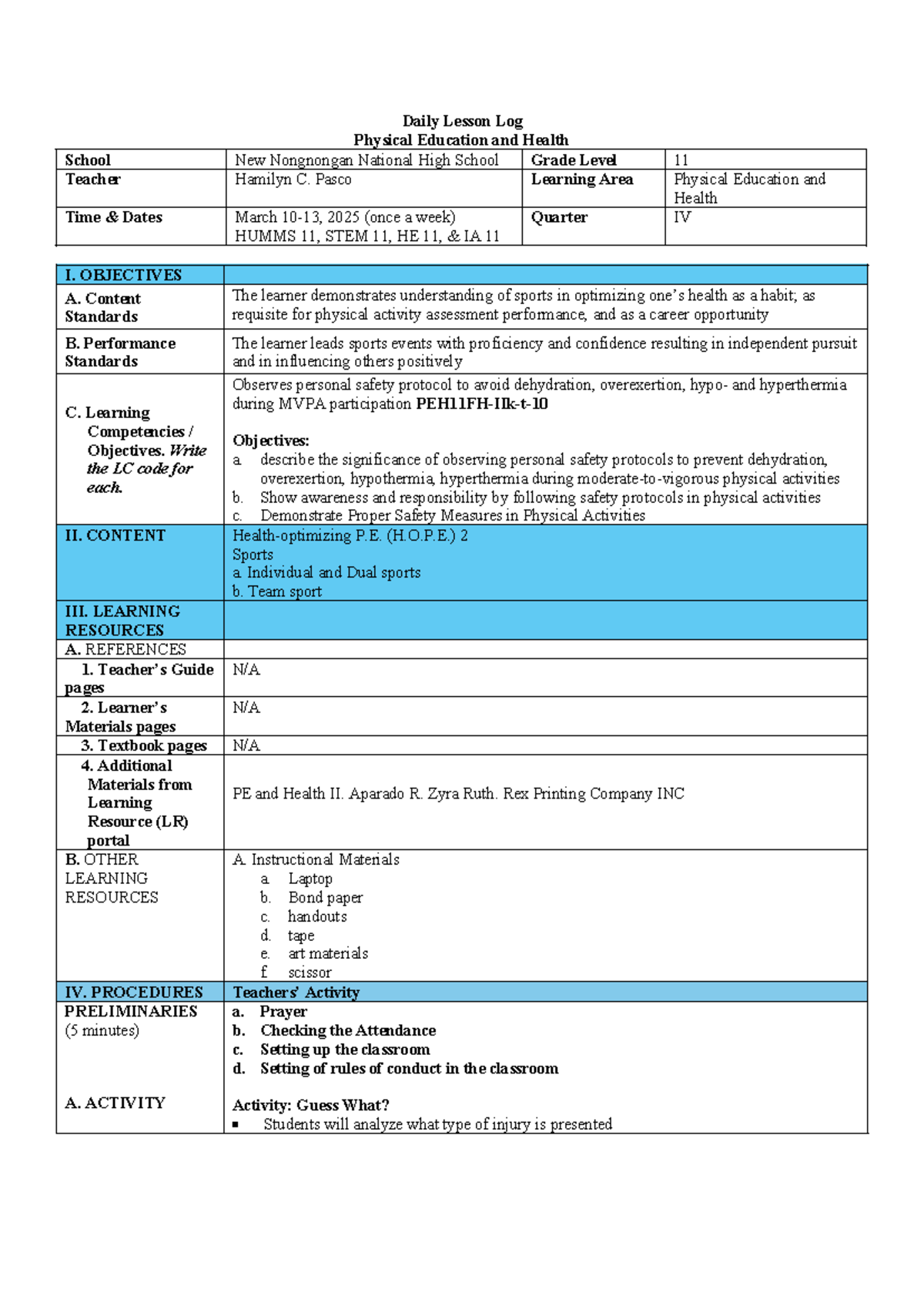 DLL PE 11 WEEK 9 - Daily Lesson Log for Physical Education - Studocu