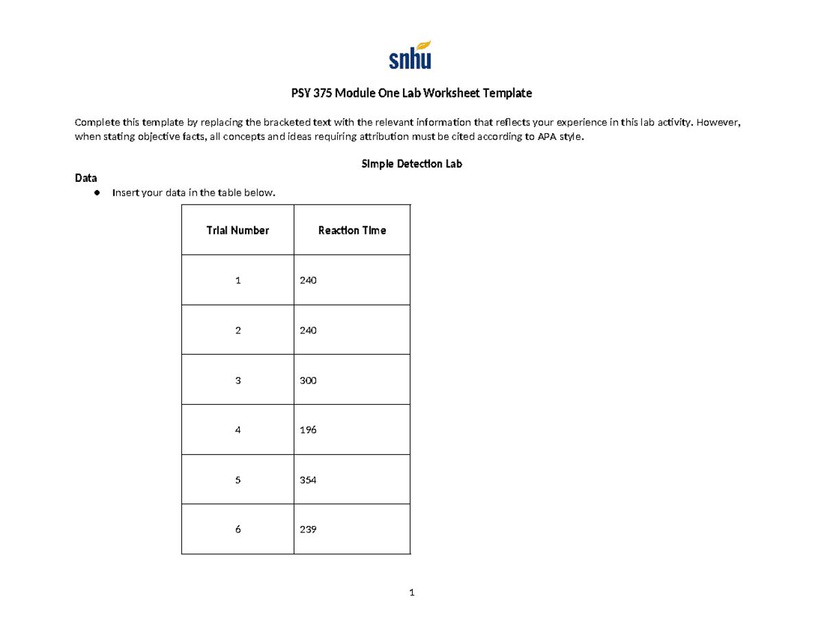 PSY 375 Module One Lab Worksheet & Data Analysis Template - Studocu