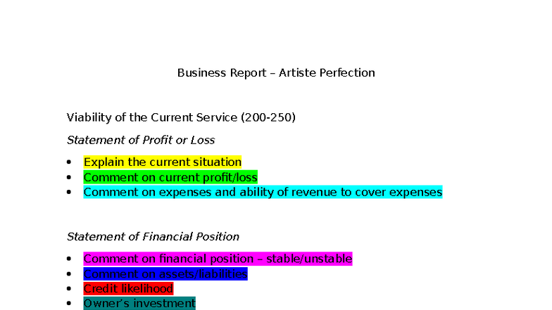 11 Accounting - Business Report: Viability of Artiste Perfection's ...