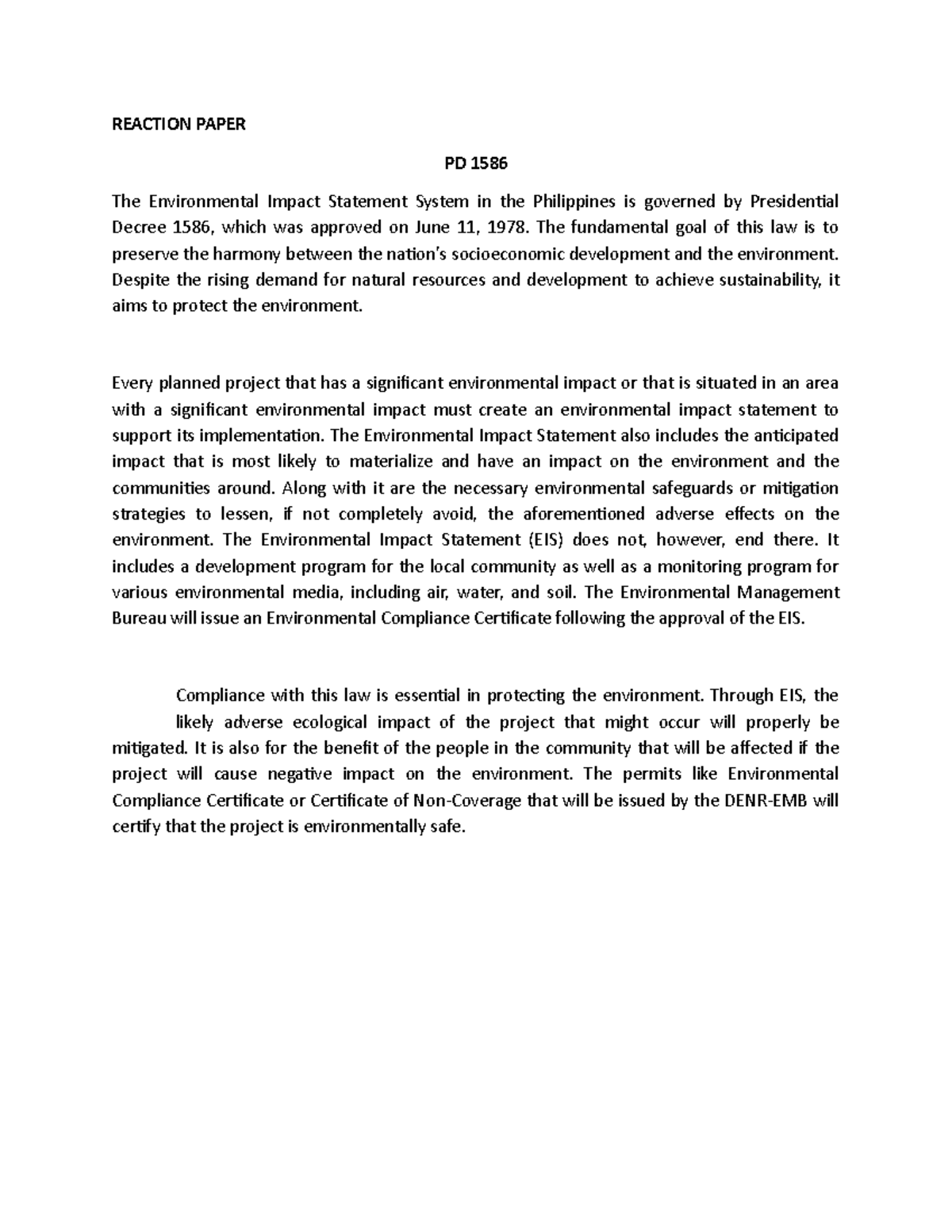 Reaction Paper on Environmental Impact Statement - PD 1586 - Studocu
