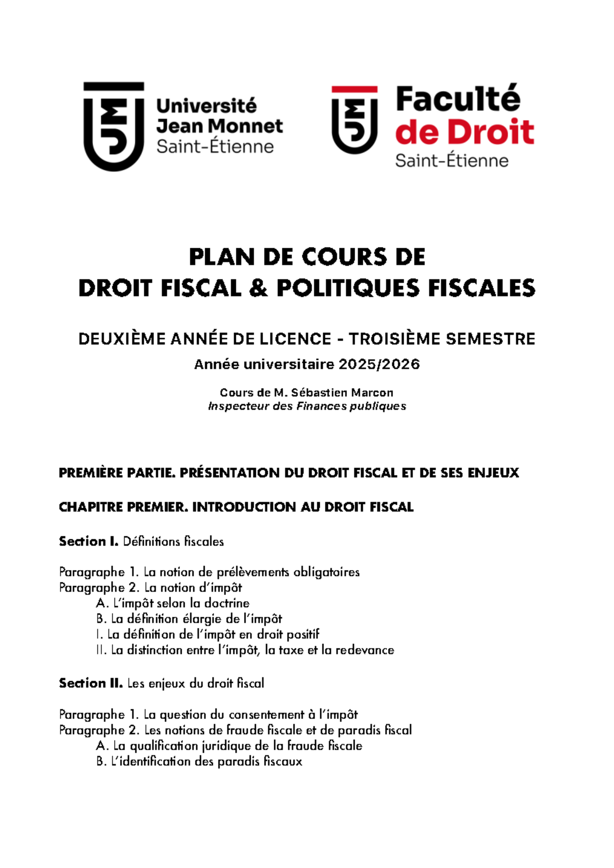 PLAN DE COURS DE DROIT FISCAL - 2ÈME ANNÉE - PARTIE 1 - Studocu