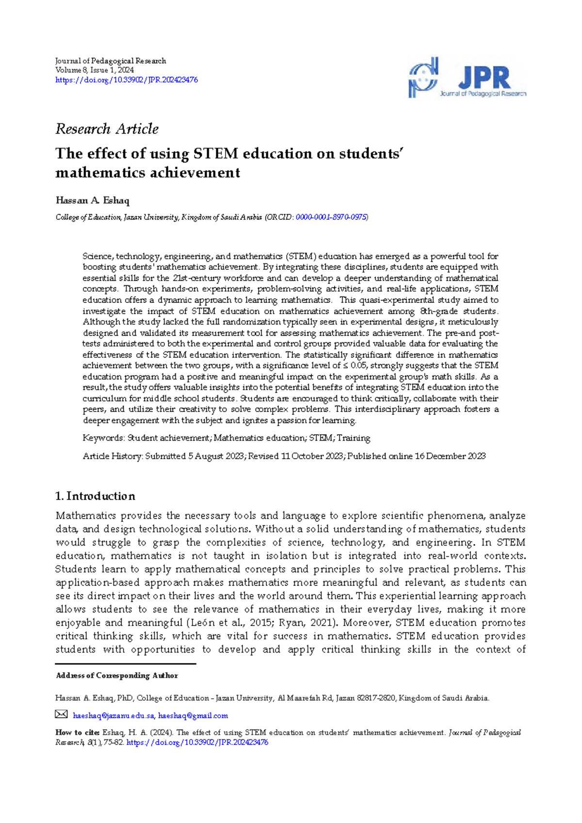 The Impact of STEM Education on Math Achievement: A Study (JPR 8(1 ...