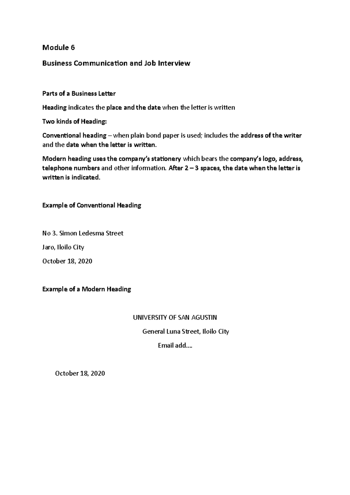 Module 6 - Business Communication and Job Interview Overview - Studocu