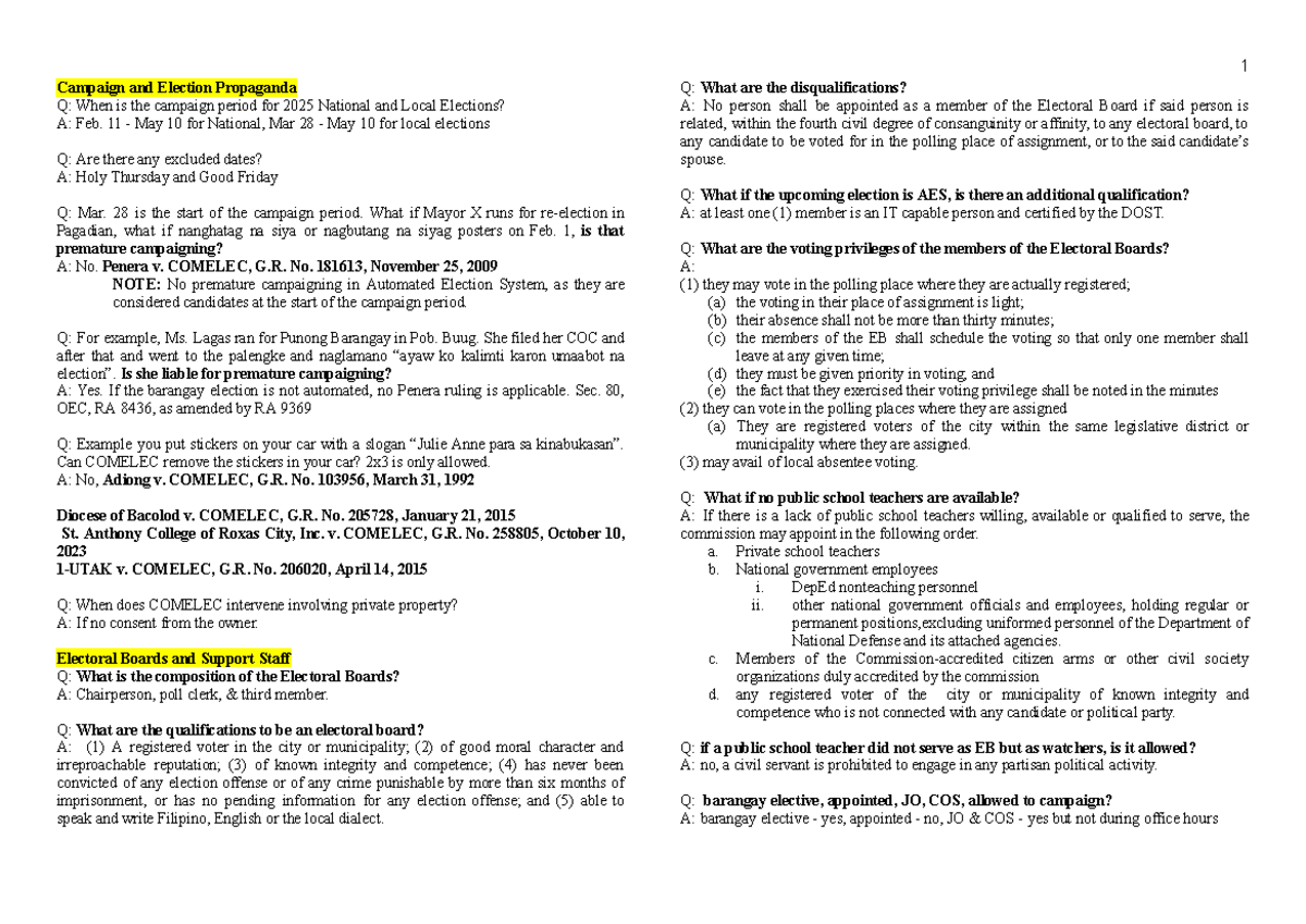 Election Law Midterm Notes: Key Concepts and Case Summaries - Studocu