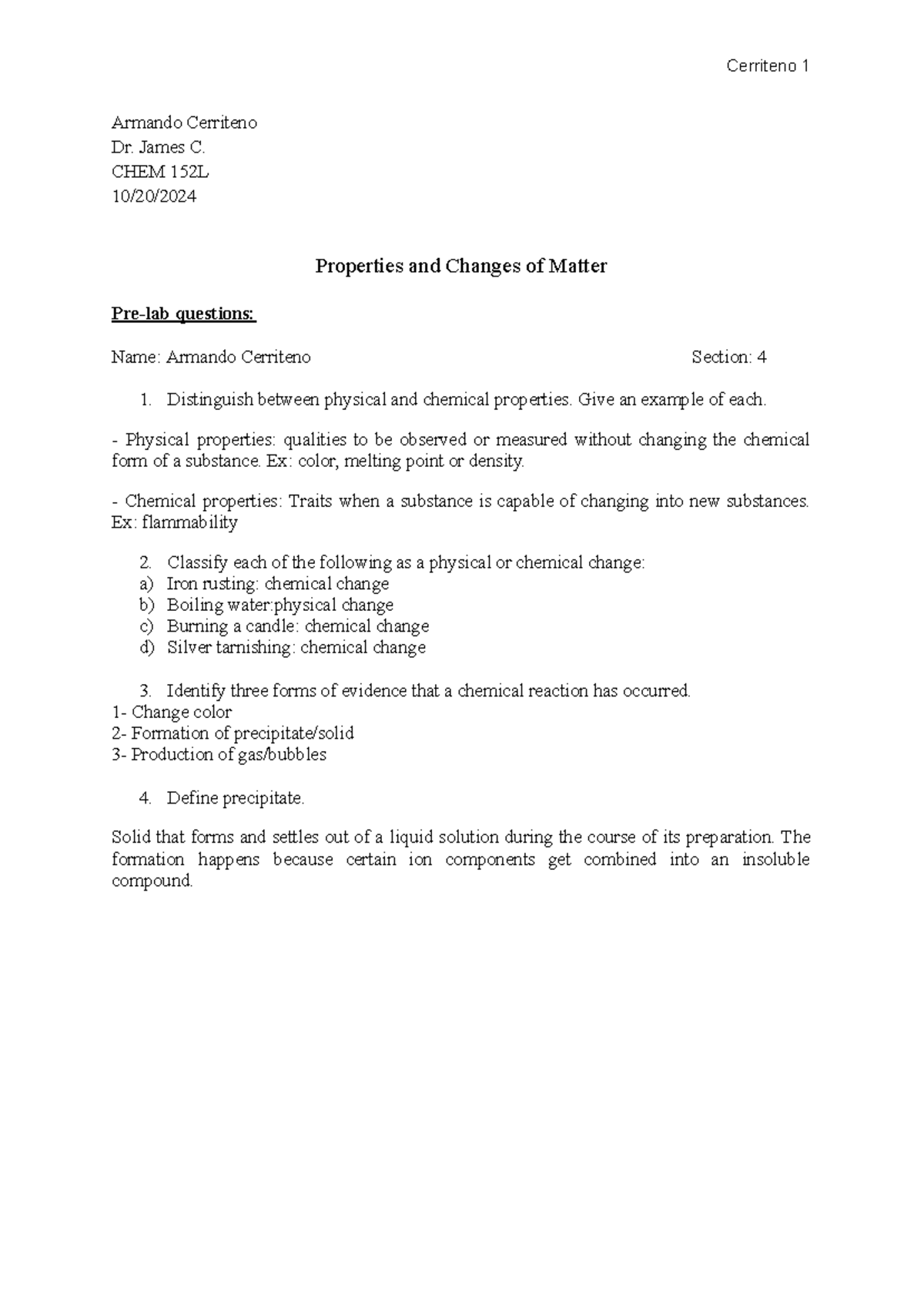 CHEM 152L: Properties & Changes of Matter Pre-Lab and Post-Lab Notes ...