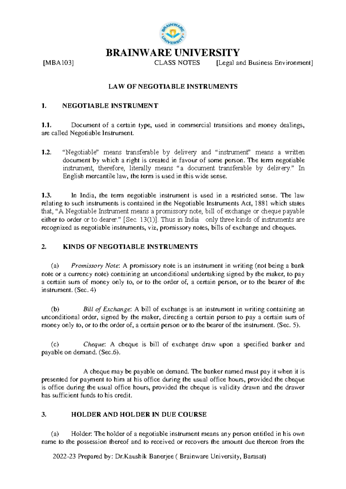 Negotiable Instruments Act Notes [MBA103] - Legal & Business ...