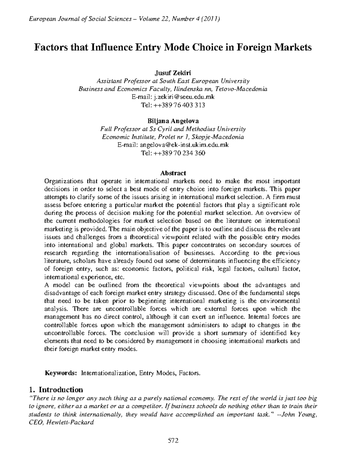EJSS 22(4) 2011: Factors Influencing Foreign Market Entry Modes - Studocu