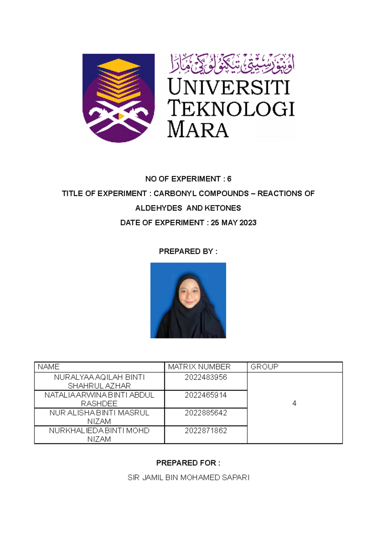 LAB Report CHM 207 - Investigation of Carbonyl Compounds Reactions ...
