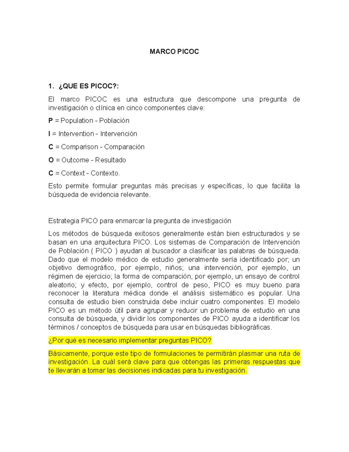 Metodología PICOC: Guía para Preguntas de Investigación Efectivas - Studocu