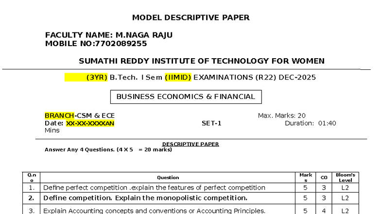 B.Tech I Sem (IIMID) Business Economics Descriptive Paper (R22) - Studocu