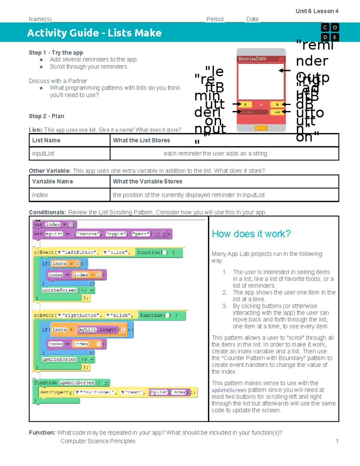 Computer Science Principles 1 & 2 Unit 6 Lesson 4 Activity Guide on ...