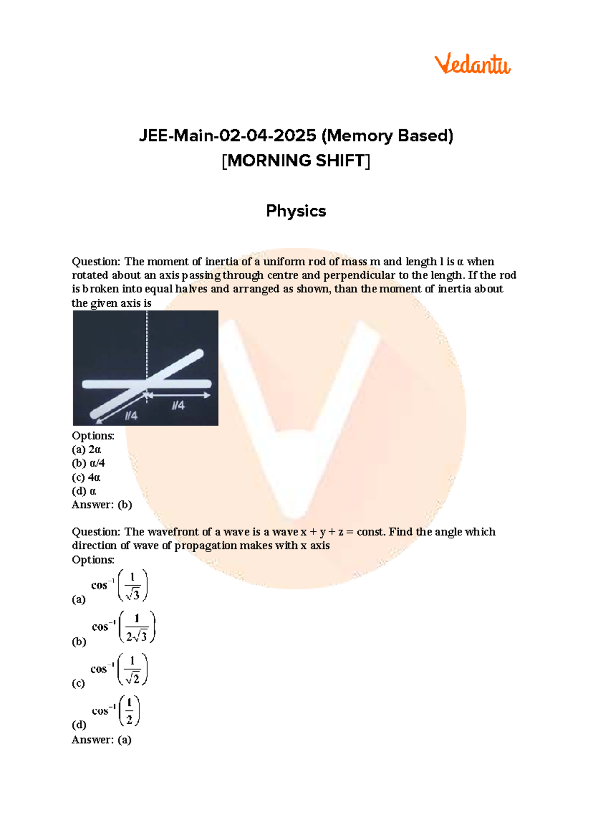 JEE Main 2025 April 2 Shift 1 Physics & Maths Question Paper Solutions ...