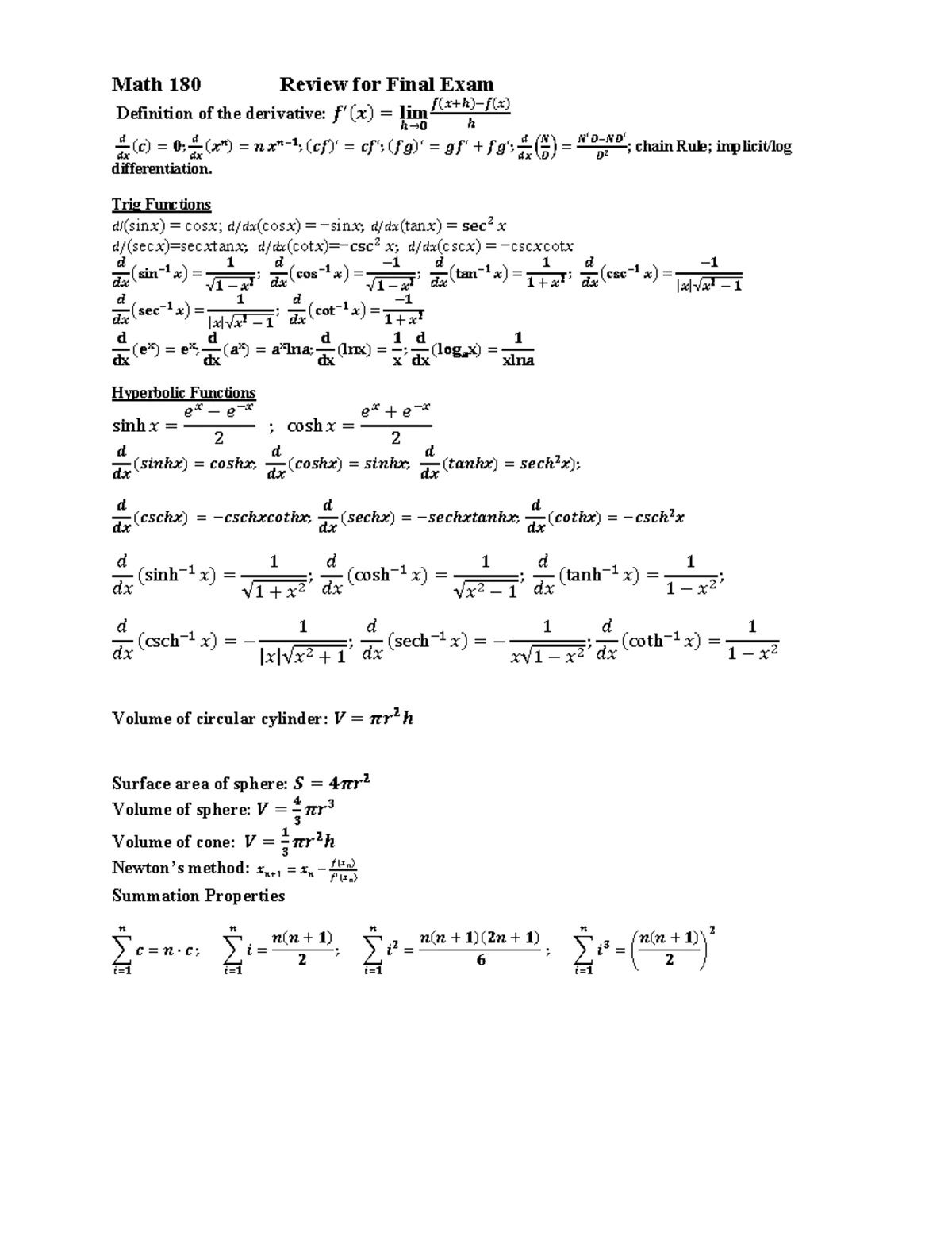 Math 180 Review for Exam 1: Key Topics and Concepts - Studocu