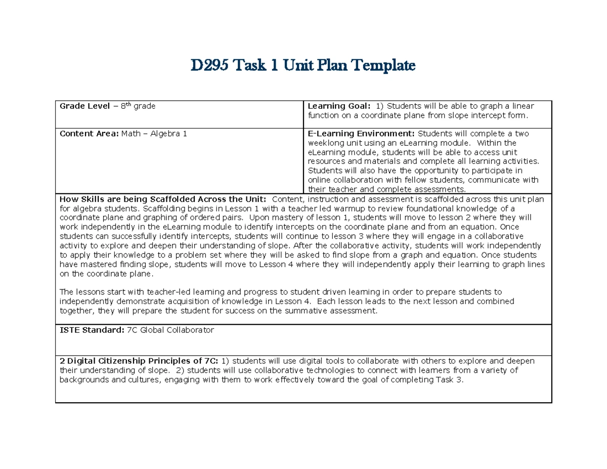 D295 Task 1 - paper - D295 Task 1 Unit Plan Template Grade Level ...