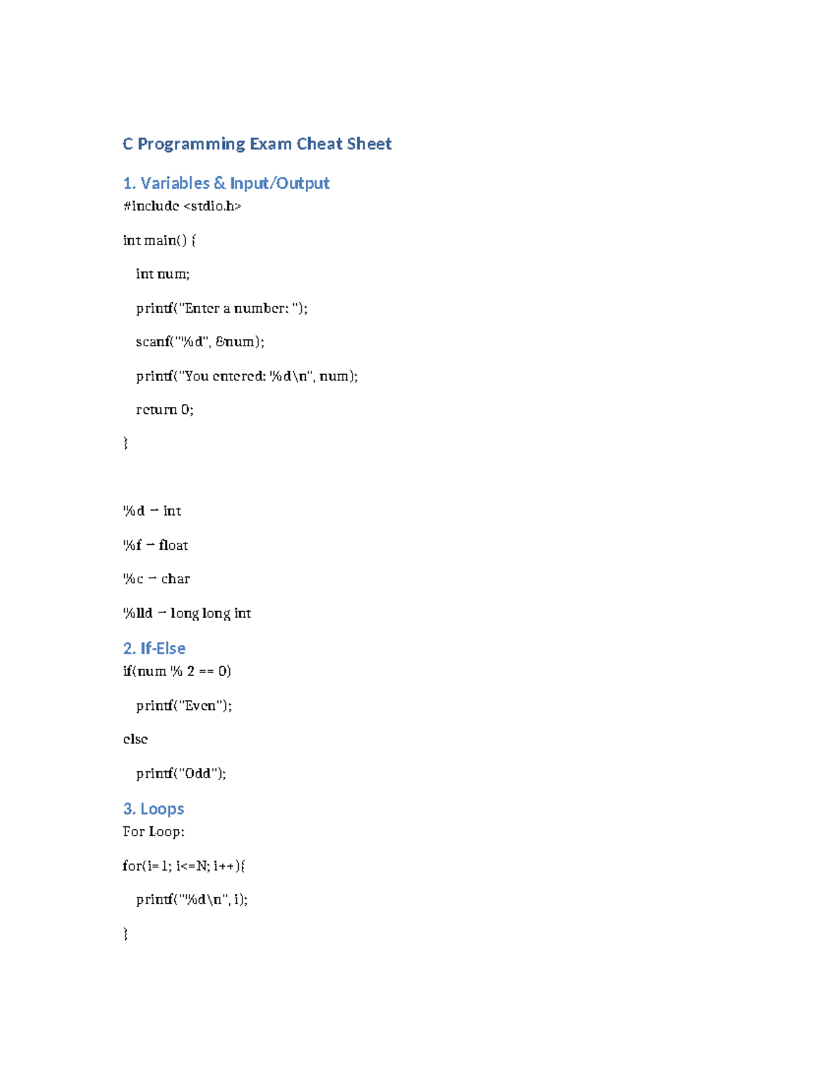 C programming exam cheatsheet - C Programming Exam Cheat Sheet 1 ...