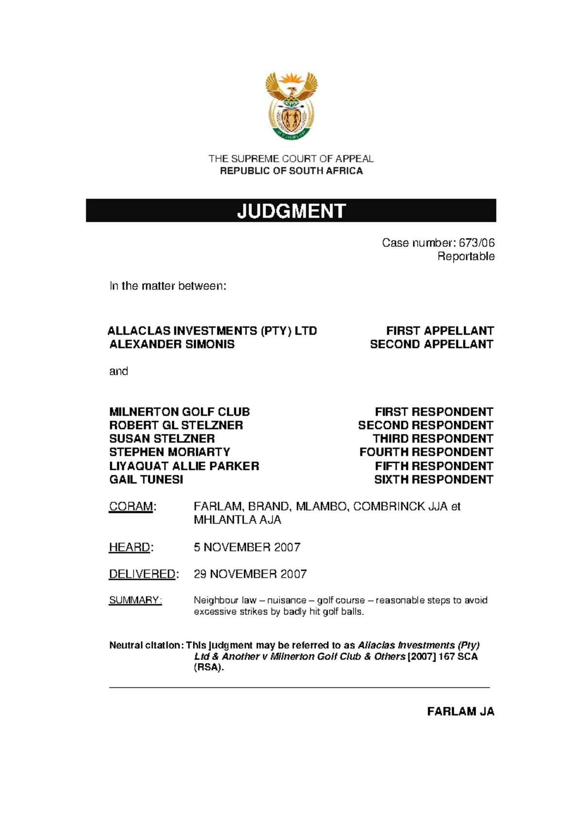 Allaclas Investments (Pty) Ltd v Milnerton Golf Club: SCA Judgment ...