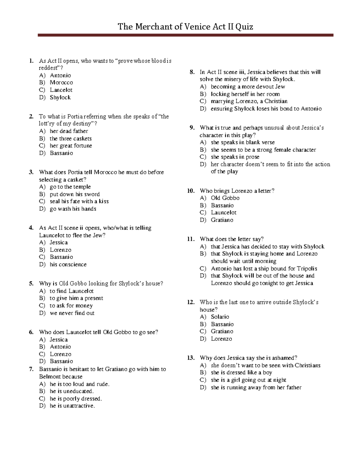The Merchant of Venice Act II Multiple Choice Quiz - Studocu