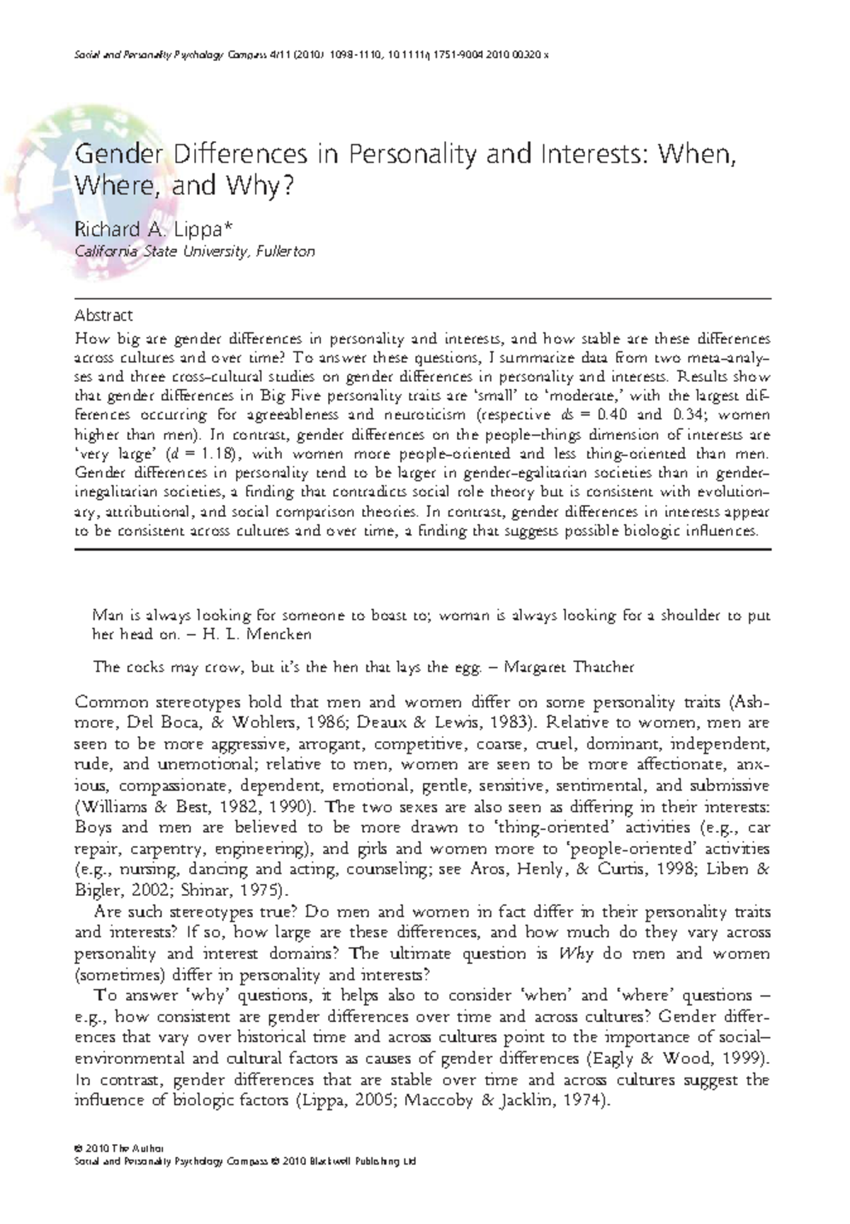 Gender Differences in Personality and Interests: A Cross-Cultural Study ...
