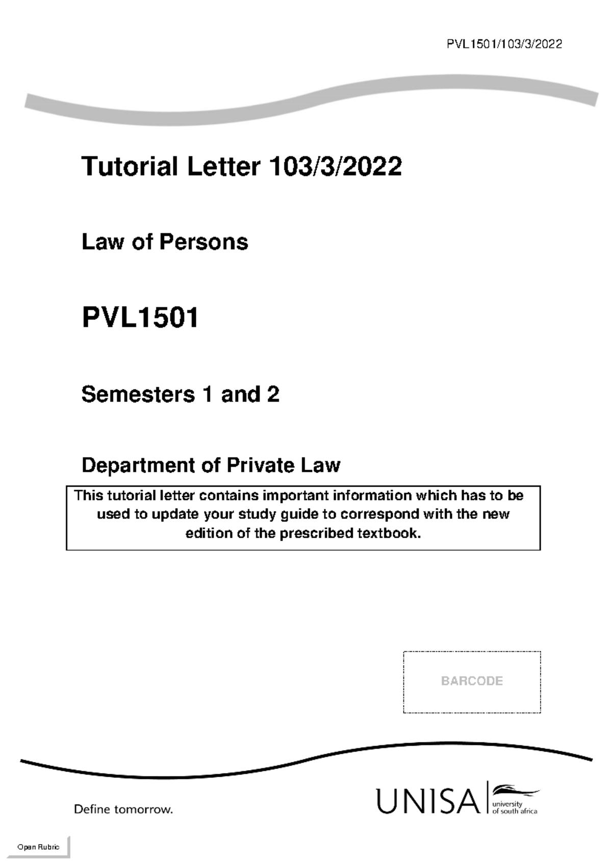 PVL1501/103/3/ - Tutorial Letter on Law of Persons Updates - Studocu