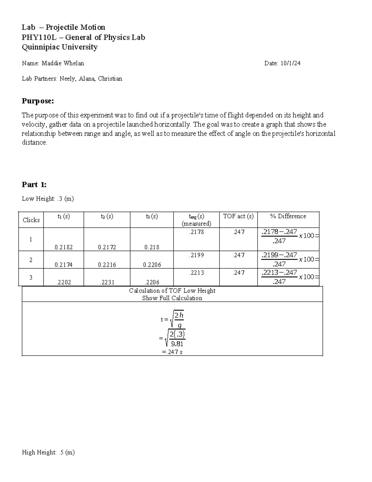 Lab Report 5: Projectile Motion in PHY110L Lab at Quinnipiac University ...
