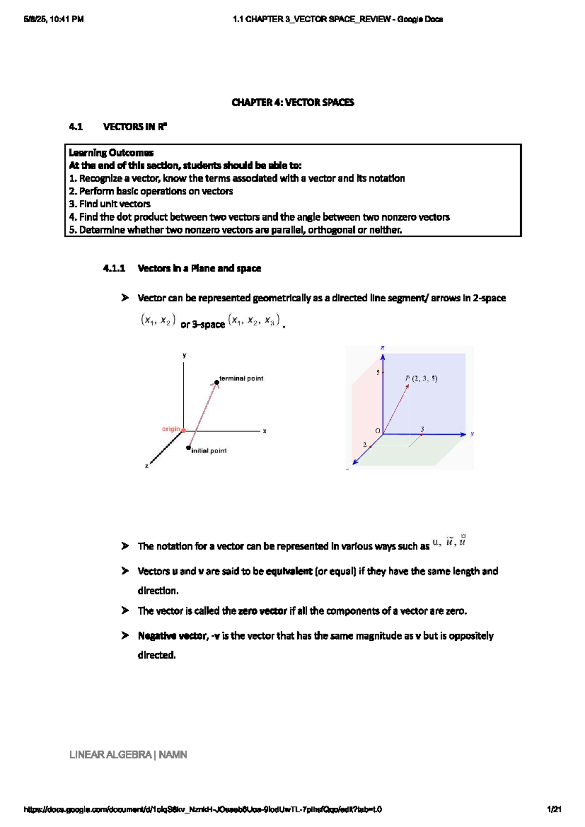 MAT523 CHAPTER 3: VECTOR SPACE REVIEW and Learning Outcomes - Studocu