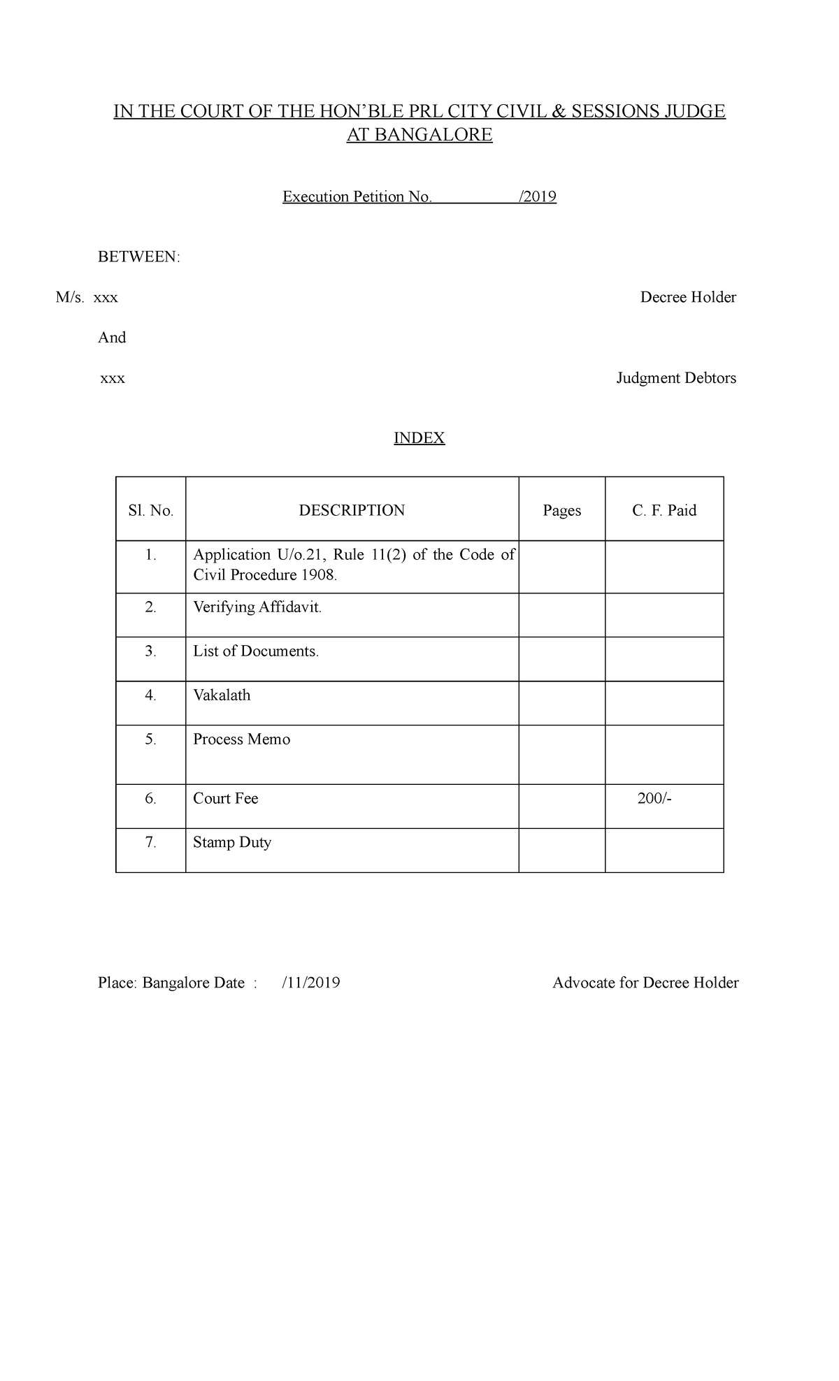 Execution Petition Format - Exercise 6 (P) - Bangalore Court - Studocu