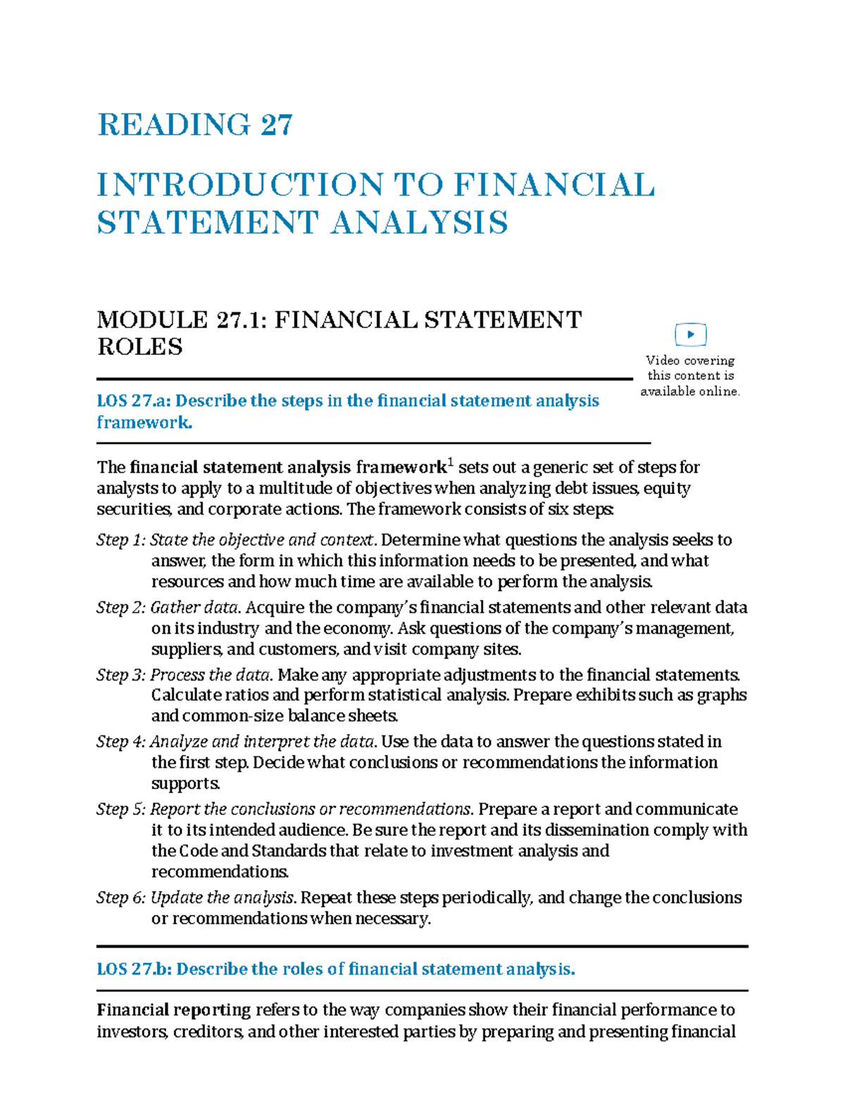 FSA - Reading 27: Financial Statement Analysis Framework and Roles ...