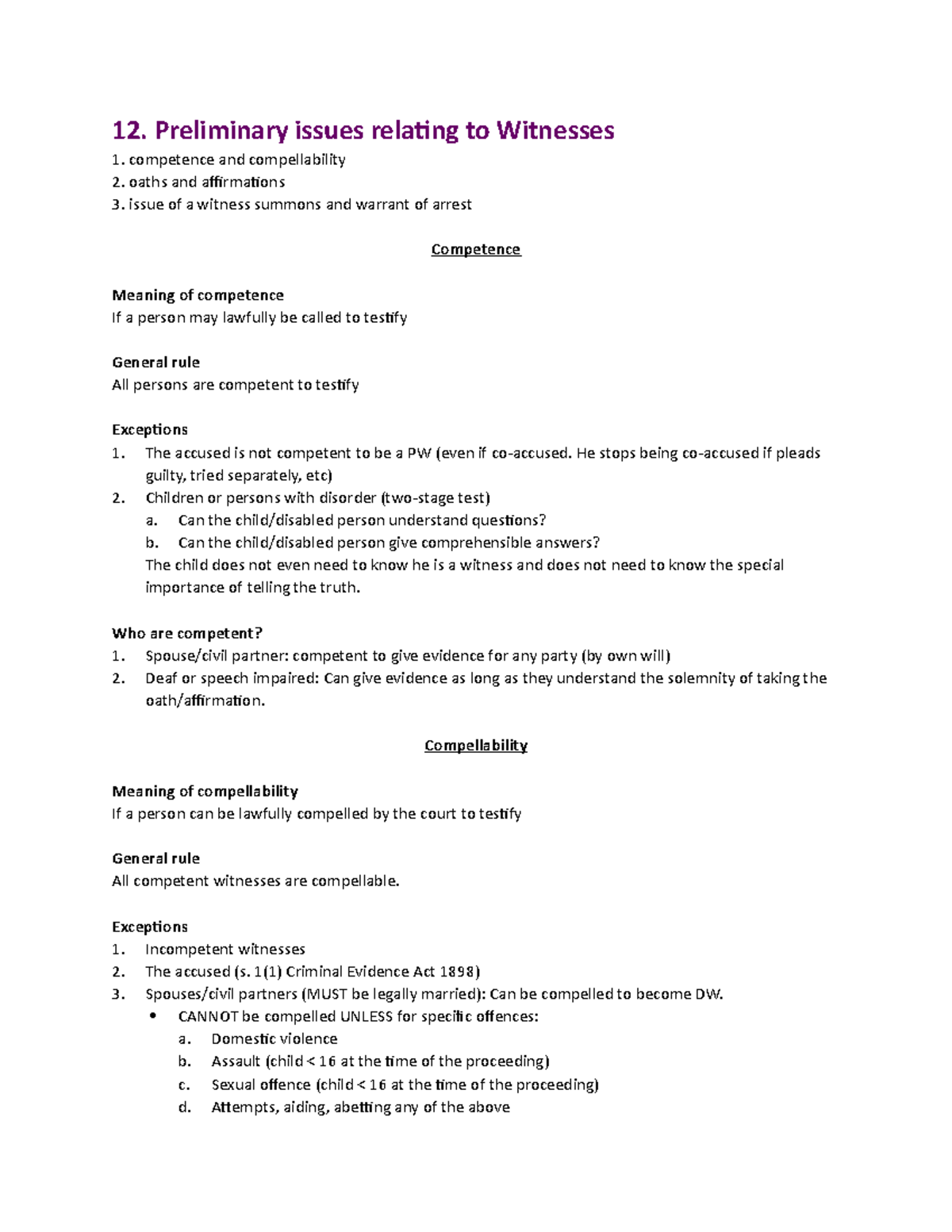 12 Preliminary Issues on Witness Competence & Compellability - Studocu