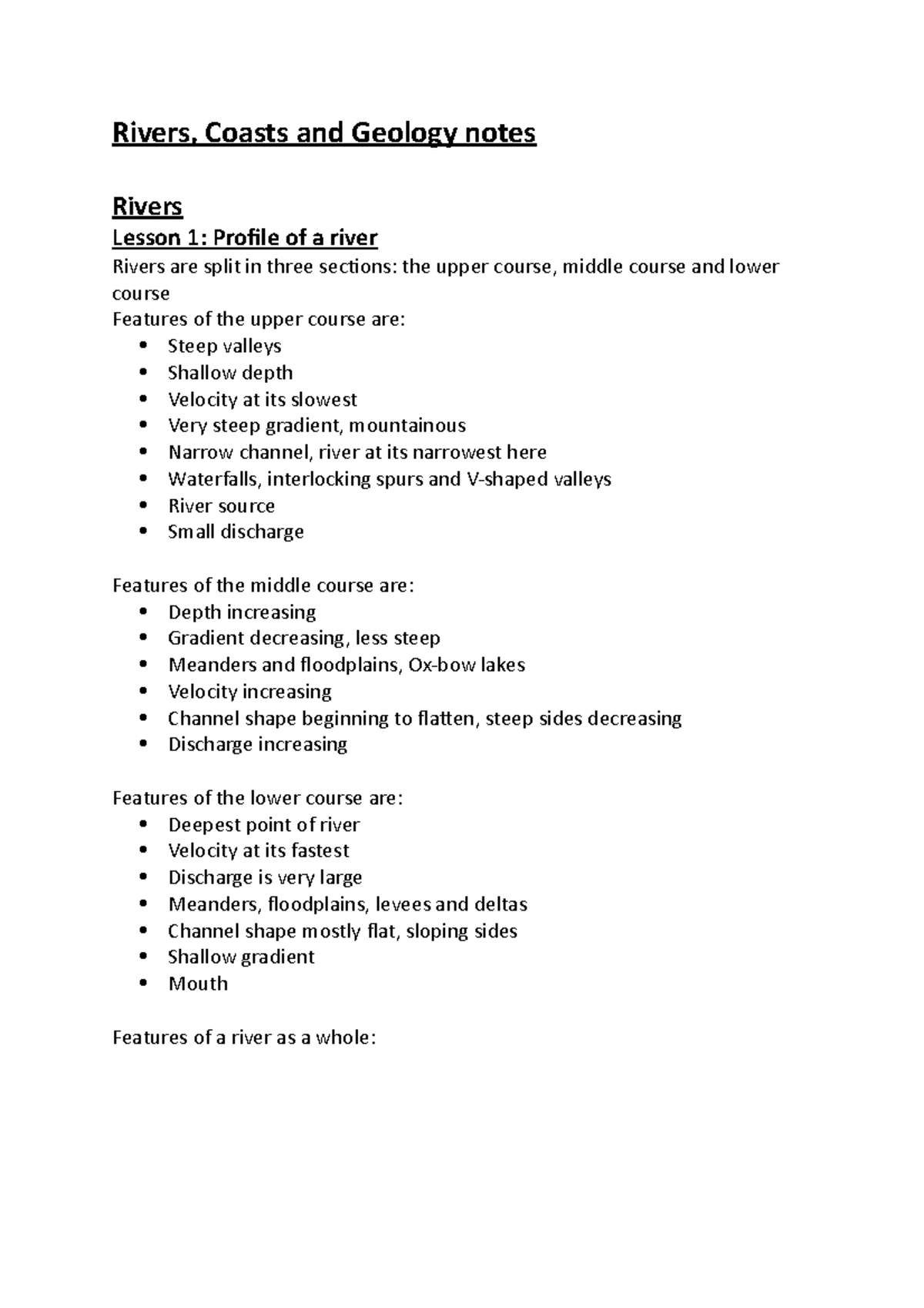 Rivers, Coasts, Geology Notes - Rivers, Coasts and Geology notes Rivers ...