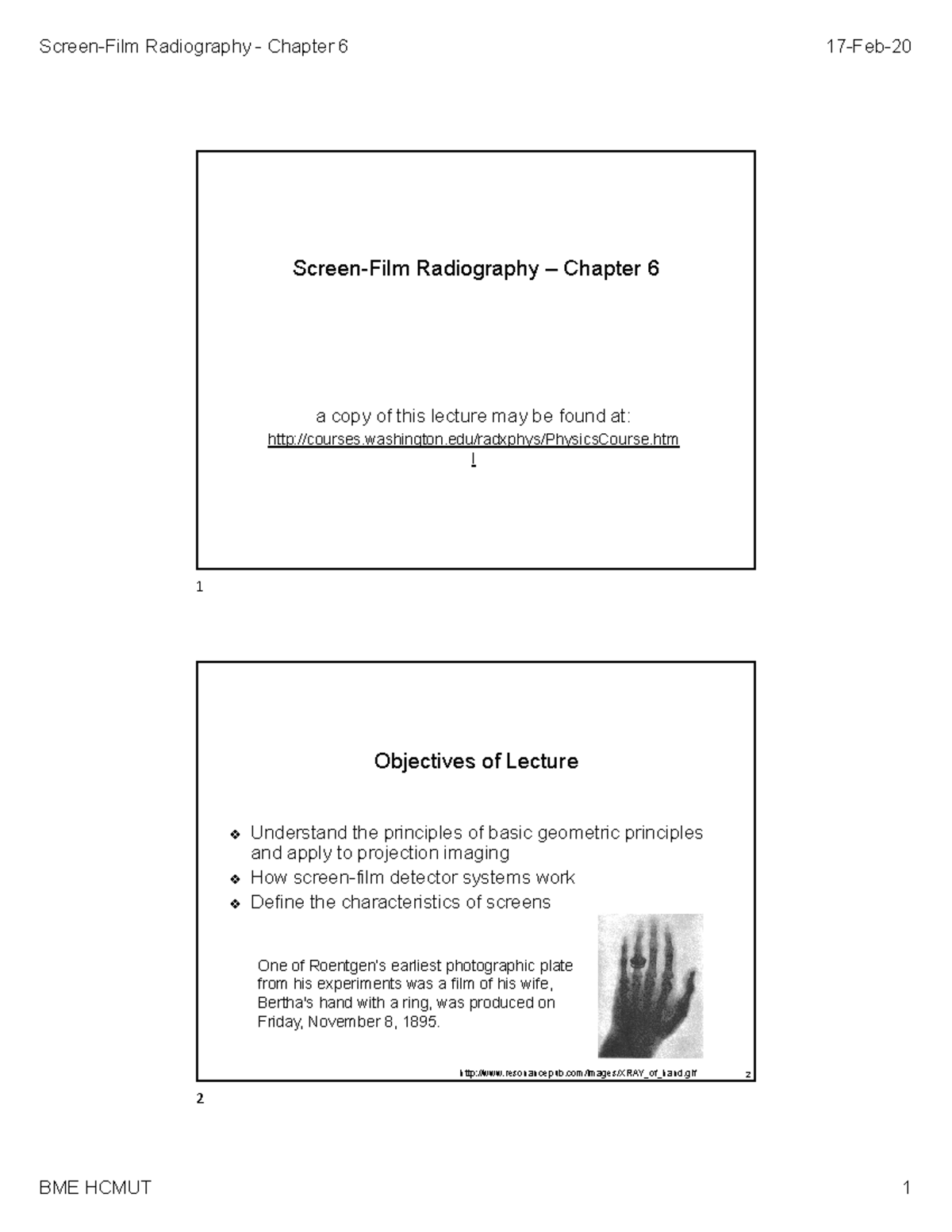 Radiography Chapter 6: Principles of Projection Imaging and Screen-Film ...