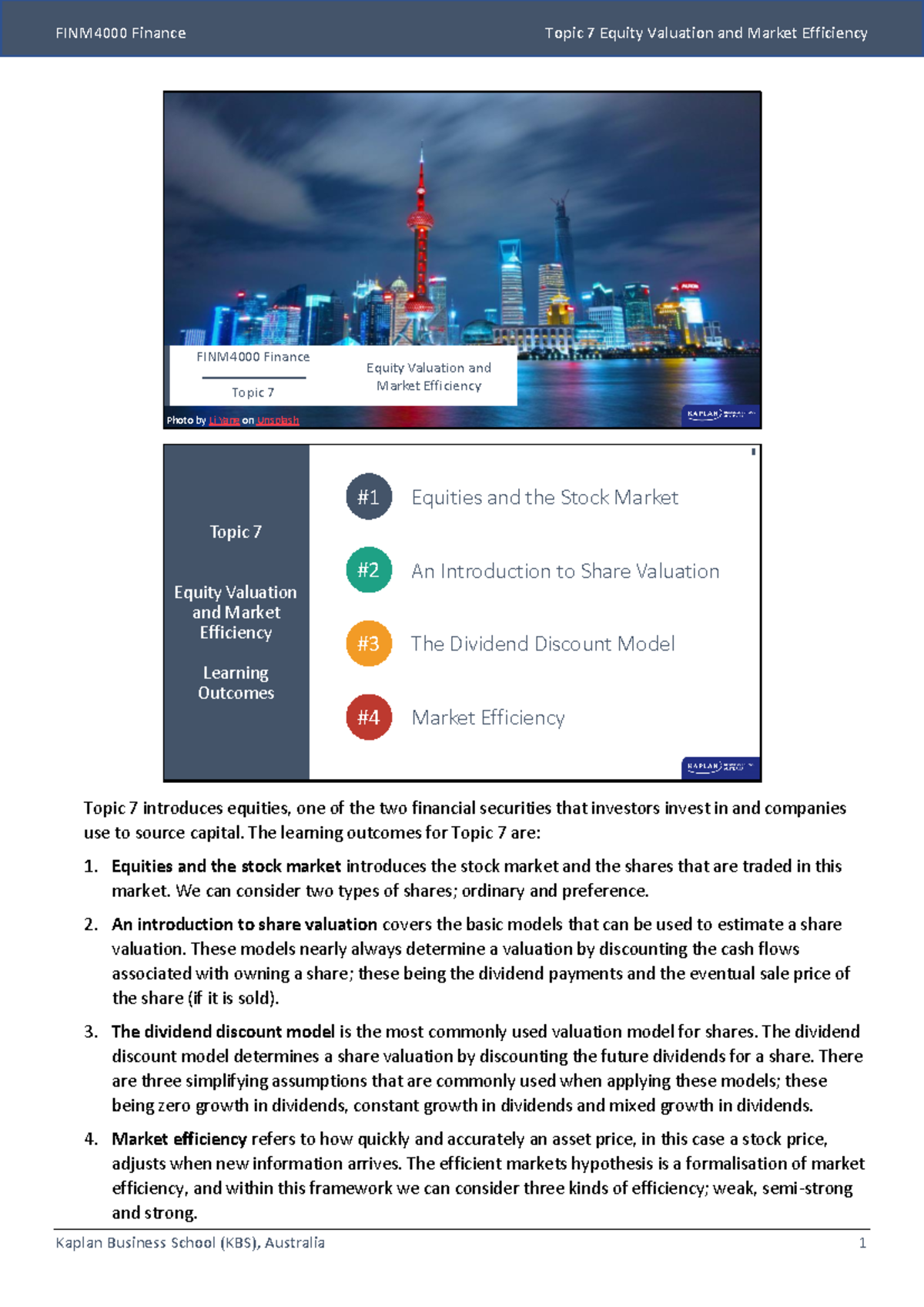 FINM4000: Week 7 - Equity Valuation & Market Efficiency Overview - Studocu