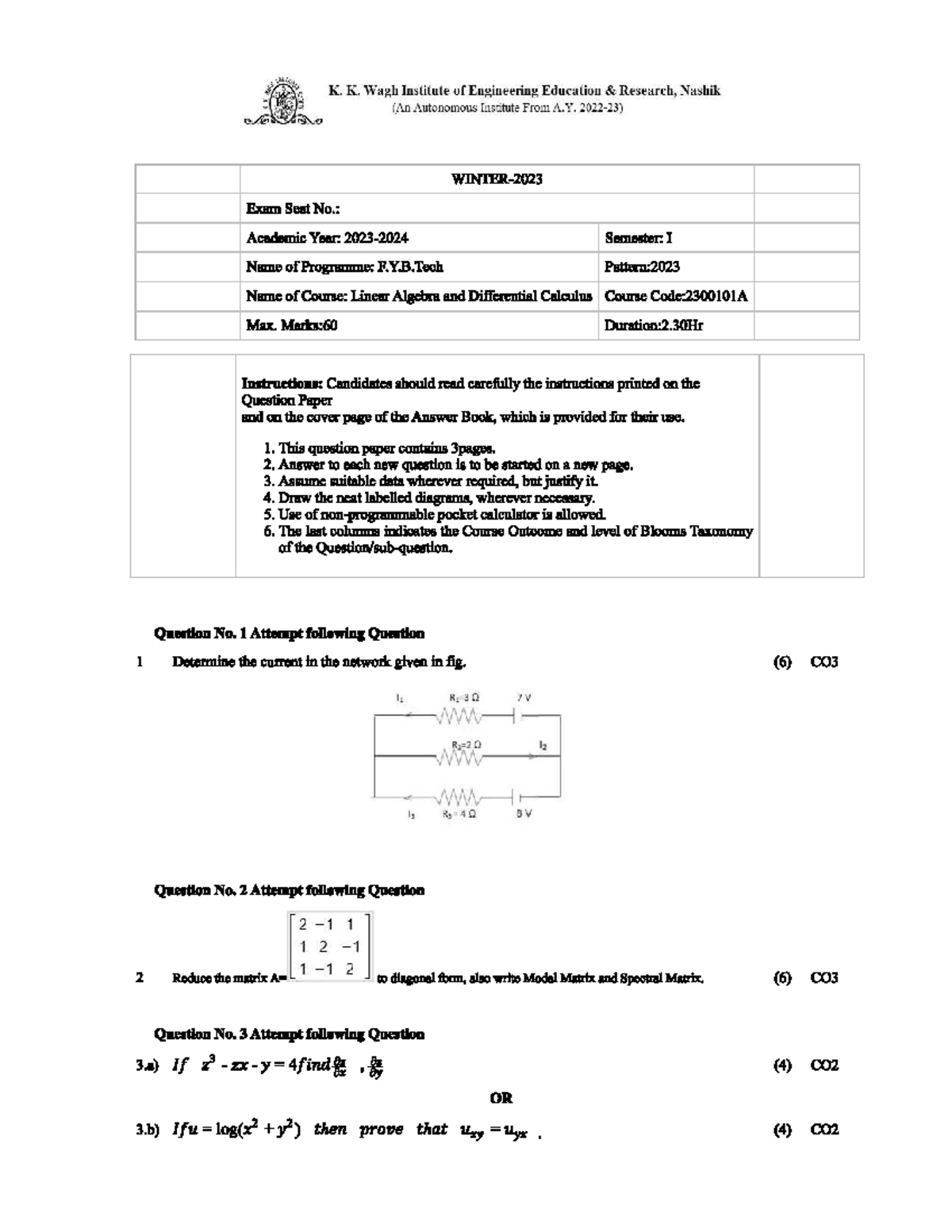 Linear Algebra and Differential Calculus Exam Paper (2300101A) - Studocu