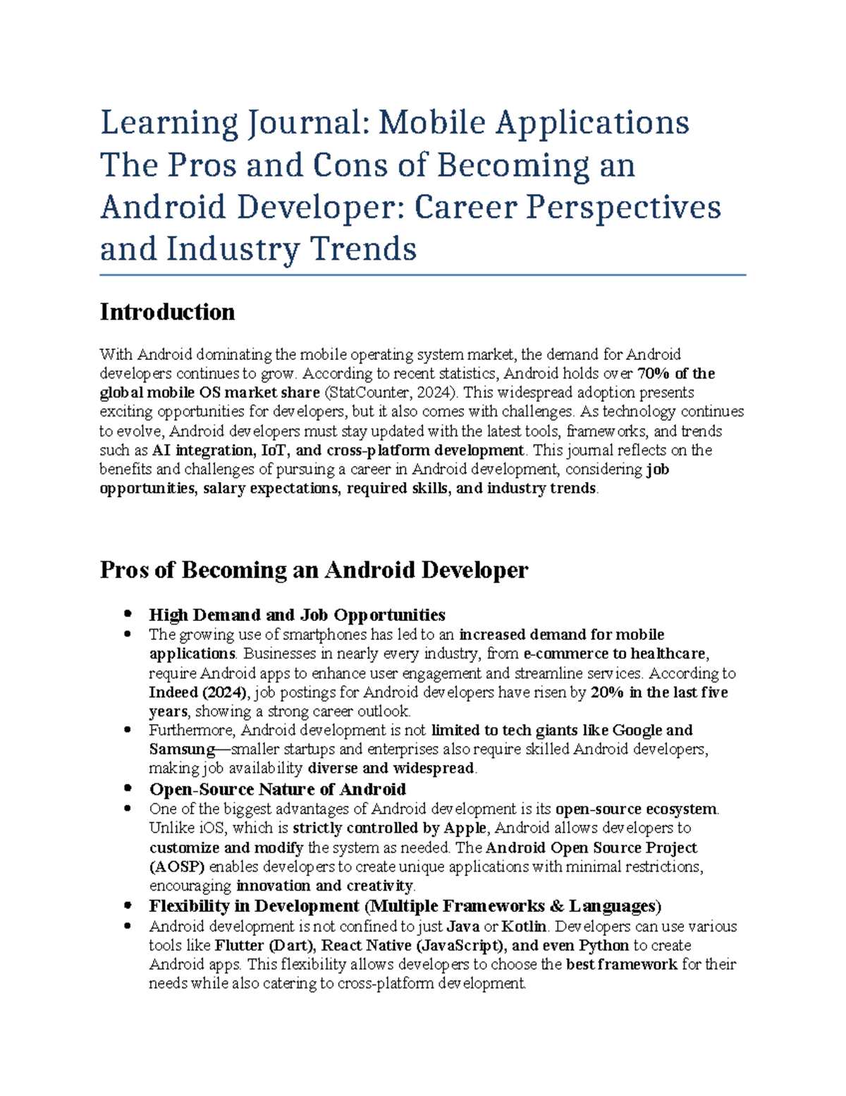Learning Journal The pros and cons of becoming andriod developer ...