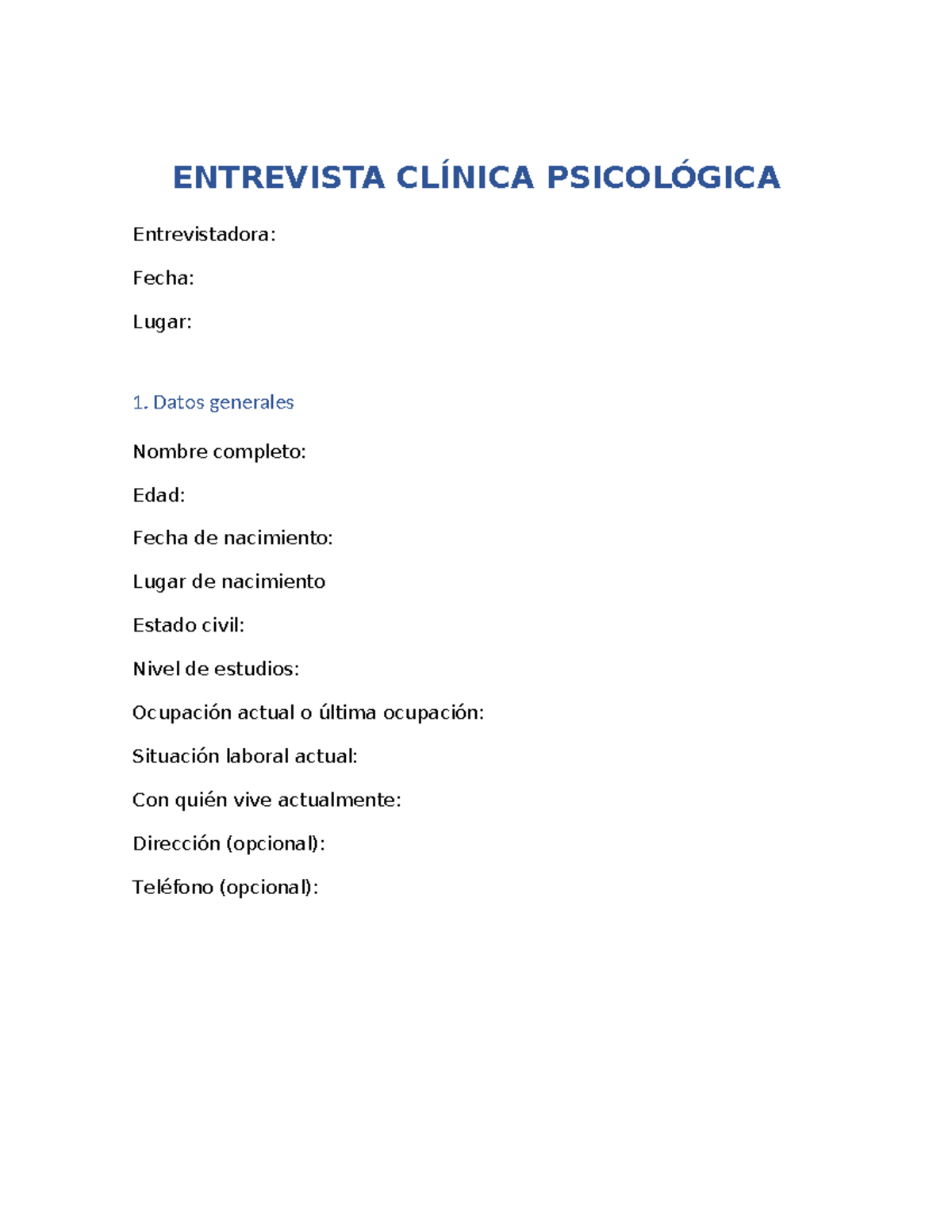 Entrevista Clínica Psicológica: Guía y Preguntas Clave - Studocu