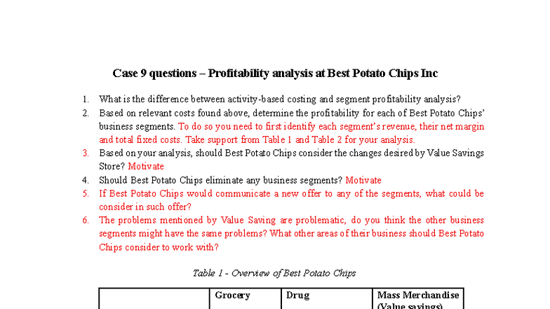 Case 9: Profitability Analysis Questions for Best Potato Chips Inc ...