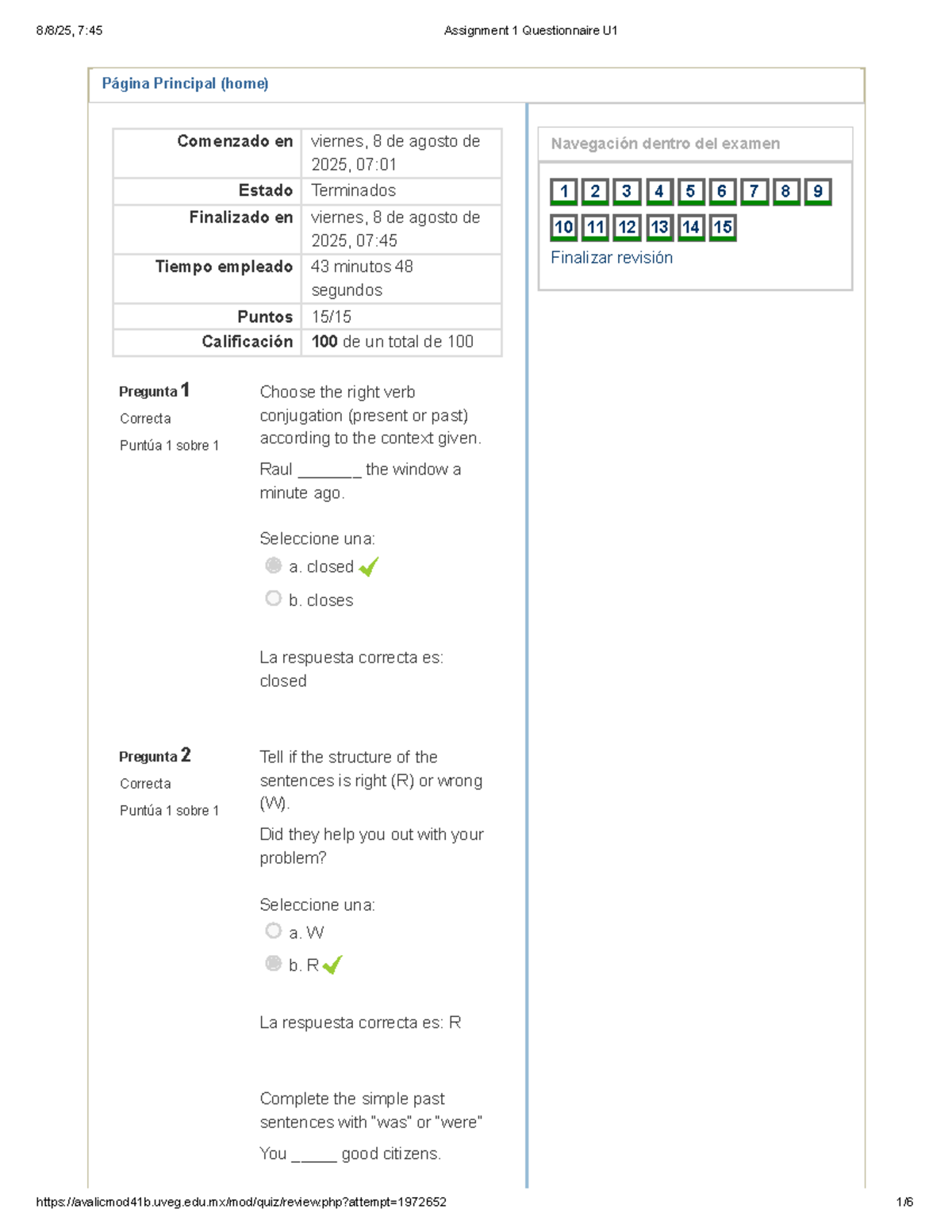Assignment 1 Questionnaire U1: Verb Conjugation & Sentence Structure ...