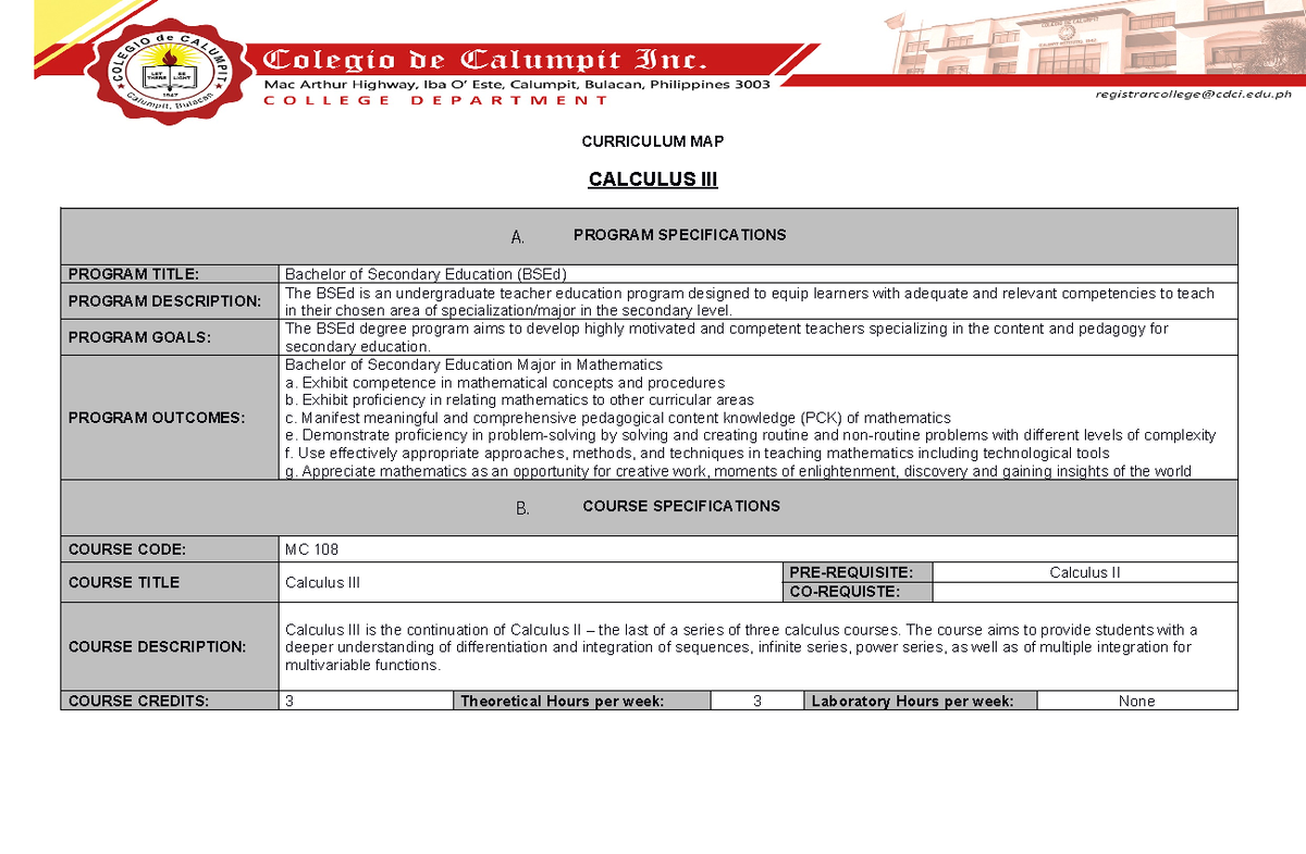 BSEd MC 108: Calculus III Course Syllabus and Curriculum Map - Studocu